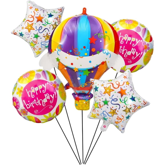 Hot Air Balloon Birthday Balloons Decorations Set, Colorful Foil Balloon Bouquet with Star and Round Balloons, Happy Birthday Party Decorations Supplies for Kids Adults Celebration