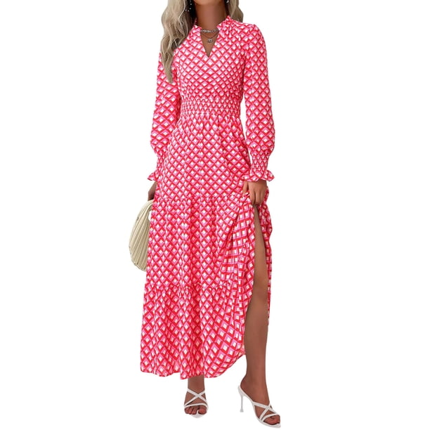 Vestido PRETTYGARDEN 2025 Floral Maxi de Manga Larga Rosa Talla L
