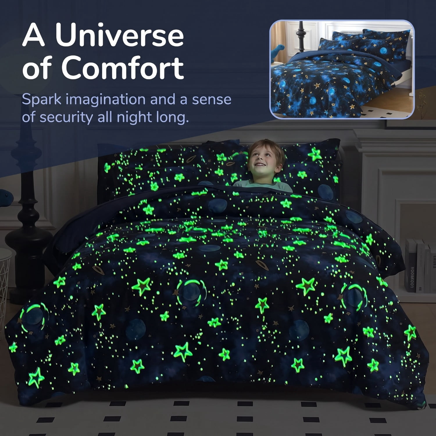 Unbranded Glow in The Dark Kids Comforter Set, 5 Pieces Blue Space Bedding Set Twin Size for Boys Girls Teen, 1 Comforter, 1 Pillowcase, 1 Pillow Sham, 1 Flat Sheet, 1 Fitted Sheet