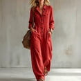thumbnail image 3 of WULMLEO Wide Leg Rompers Women Cotton Linen Workout V Neck Button Front Long Sleeve One Piece Overall Casual Fashion Lounge Going Out Overalls with Multi Pockets Red S, 3 of 6