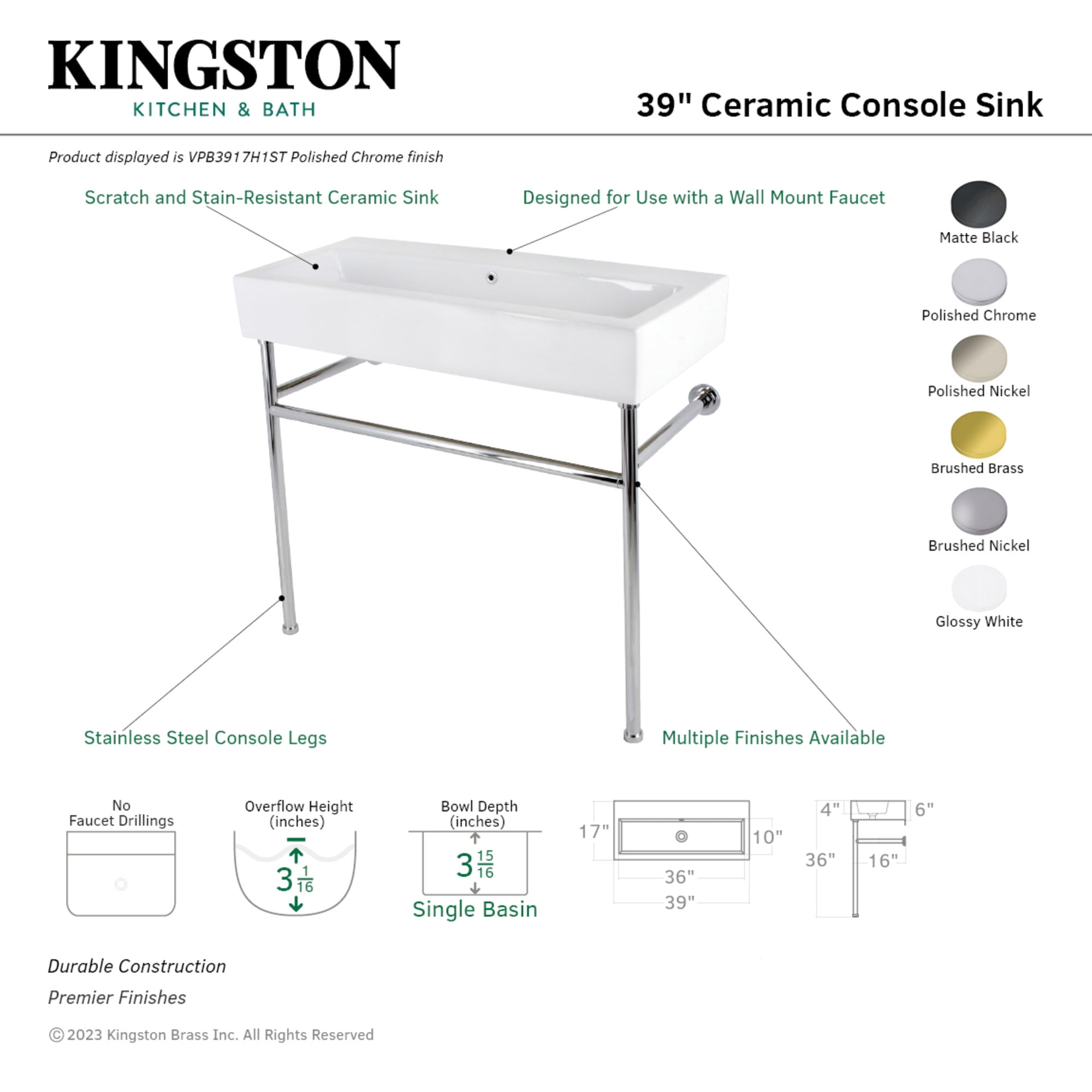 Kingston Brass VPB3917H6ST New Haven 39" Porcelain Console Sink with Stainless Steel Legs, White/Polished Nickel