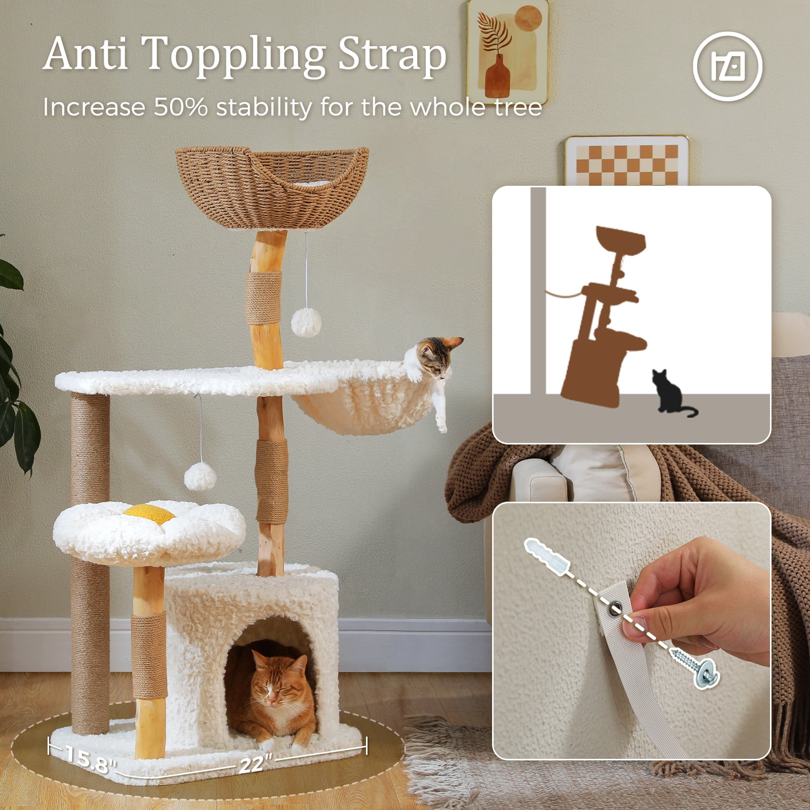 PEQULTI 48.5'' Solid Wood Cat Tree Cat Tower for Indoor Cats with Rattan Hammock&Flower Perch White