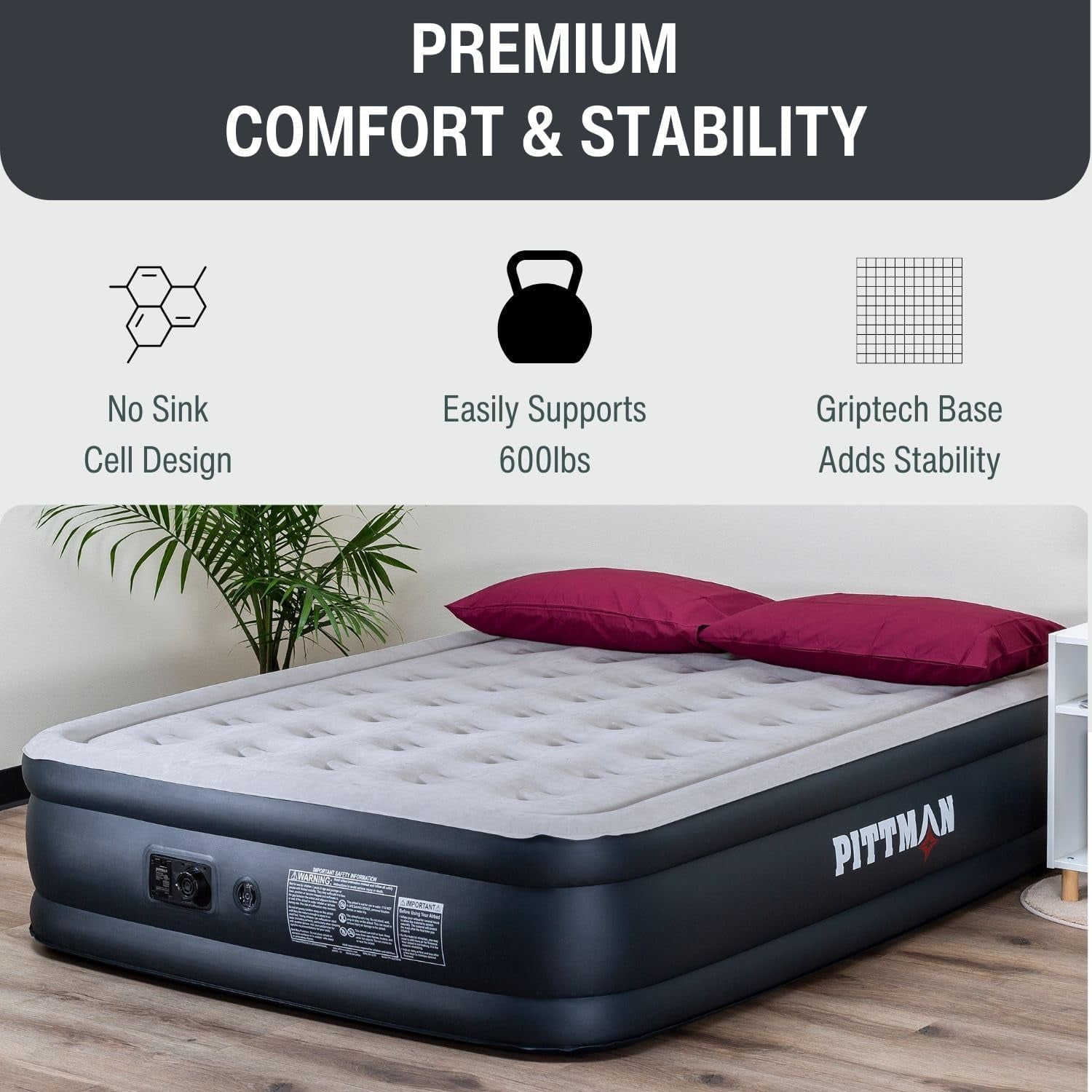 Pittman - Queen Air Mattress with Built-in Pump - 18" Inflatable Air Bed - Self Inflation & Deflation