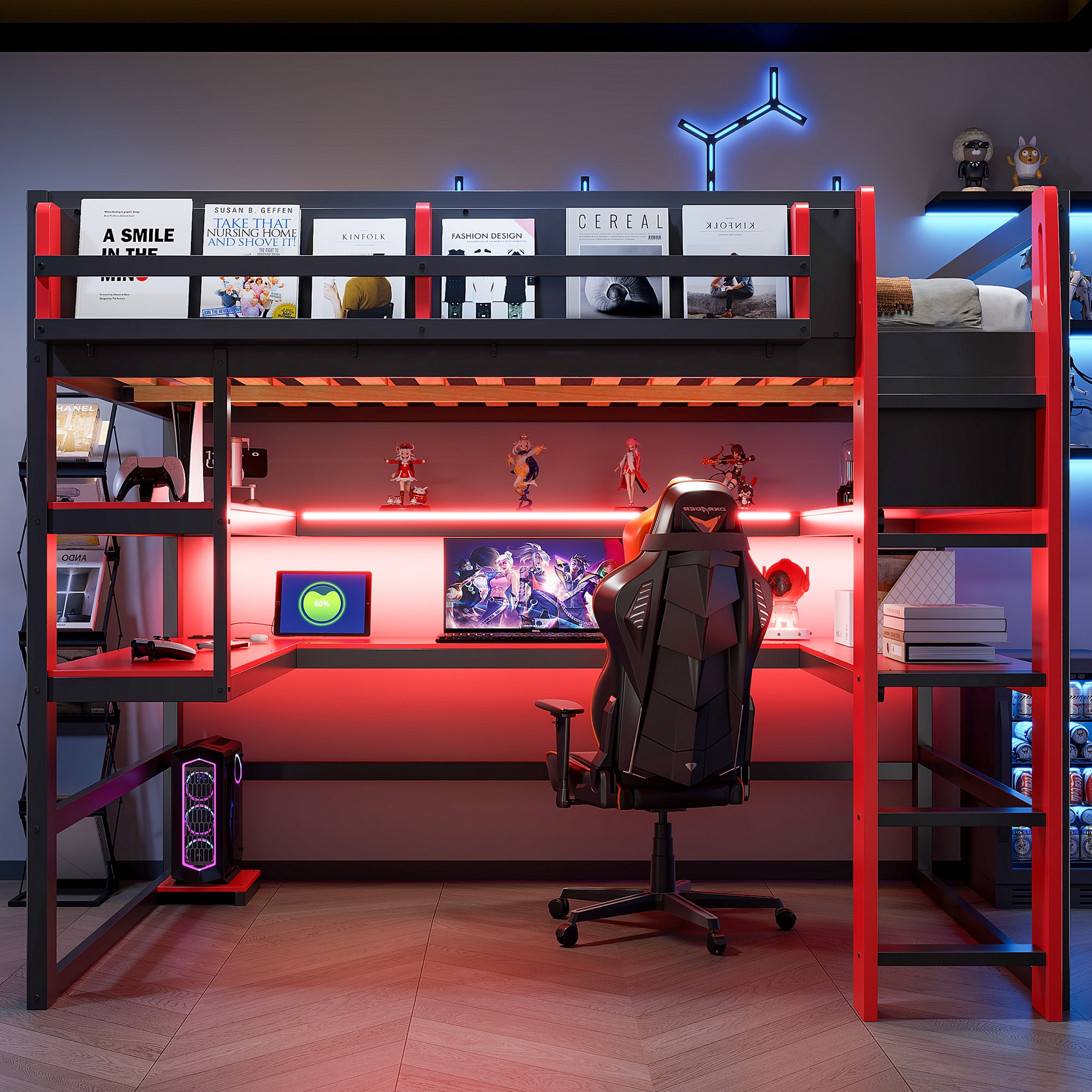 Mintazer Full Size Gaming Loft Bed with U-Shaped Desk & LED Lights, Modern Bed Frame with Shelves & Charging Station for Dorm Bedroom Apartment, Black & Red