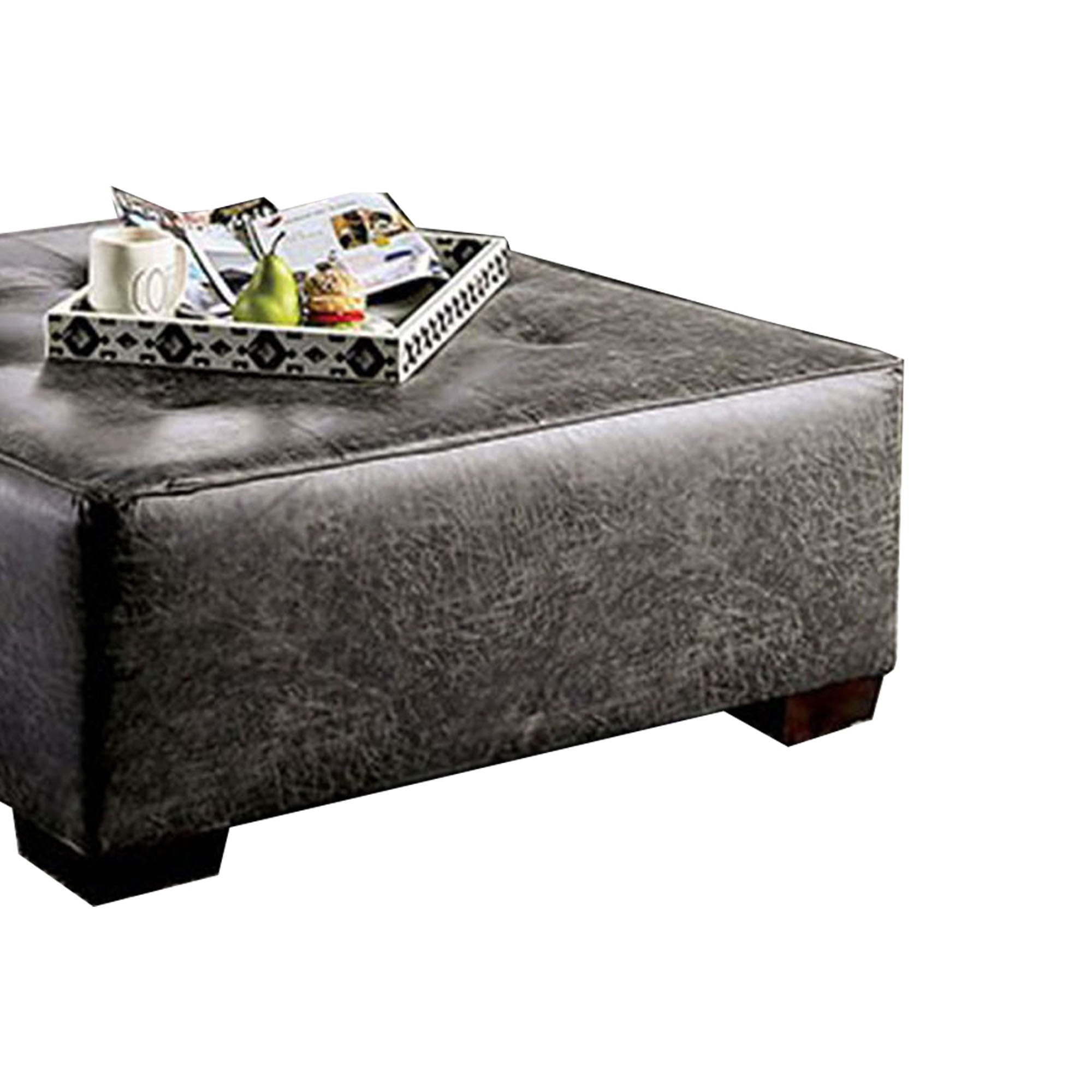 Button Tufted Leatherette Wooden Ottoman with Block Legs, Gray