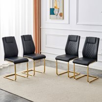 Set of 4 Modern Dining Chairs, Black PU Faux Leather Padded Seat with Gold Metal Legs for Kitchen & Living Room