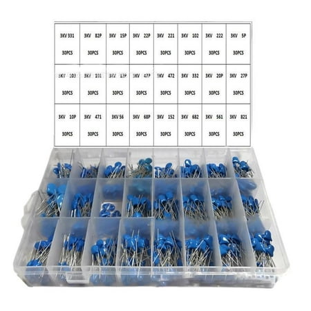 

TONKBEEY 720PCS/Lot 3KV 3000V 5PF-821PF 24 Values Assorted Kit High-Voltage Ceramic Capacitors Package Kit
