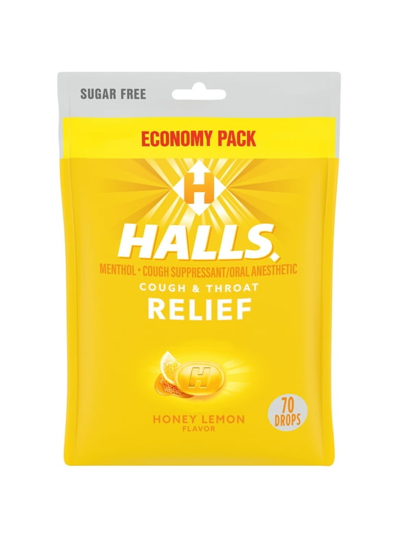 HALLS Relief Honey Lemon Sugar Free Cough Drops, Economy Pack, 70 Drops