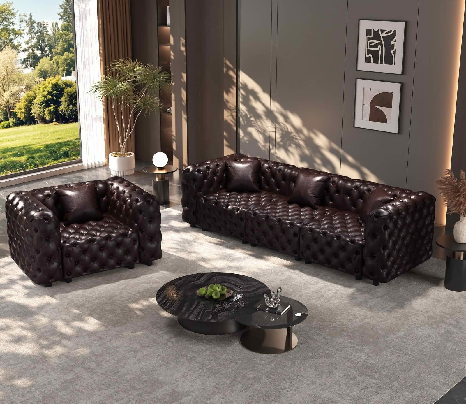 MAYEERTY 105.7 Inch Faux‑Leather 3‑Seat Modular Sofa Set, Handcrafted Button Tufted Couch with Ottoman & 3 Pillows for Living Room & Small Apartment