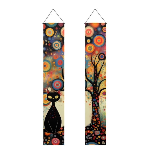 FUIALDOLG Black Cat Pattern Porch Flags for Front Door Colorful Circle Outdoor Hanging Flags 2Pcs Home Welcome Sign Front Porch Banners for Outside Decoration 70.87 x 12.6Inch