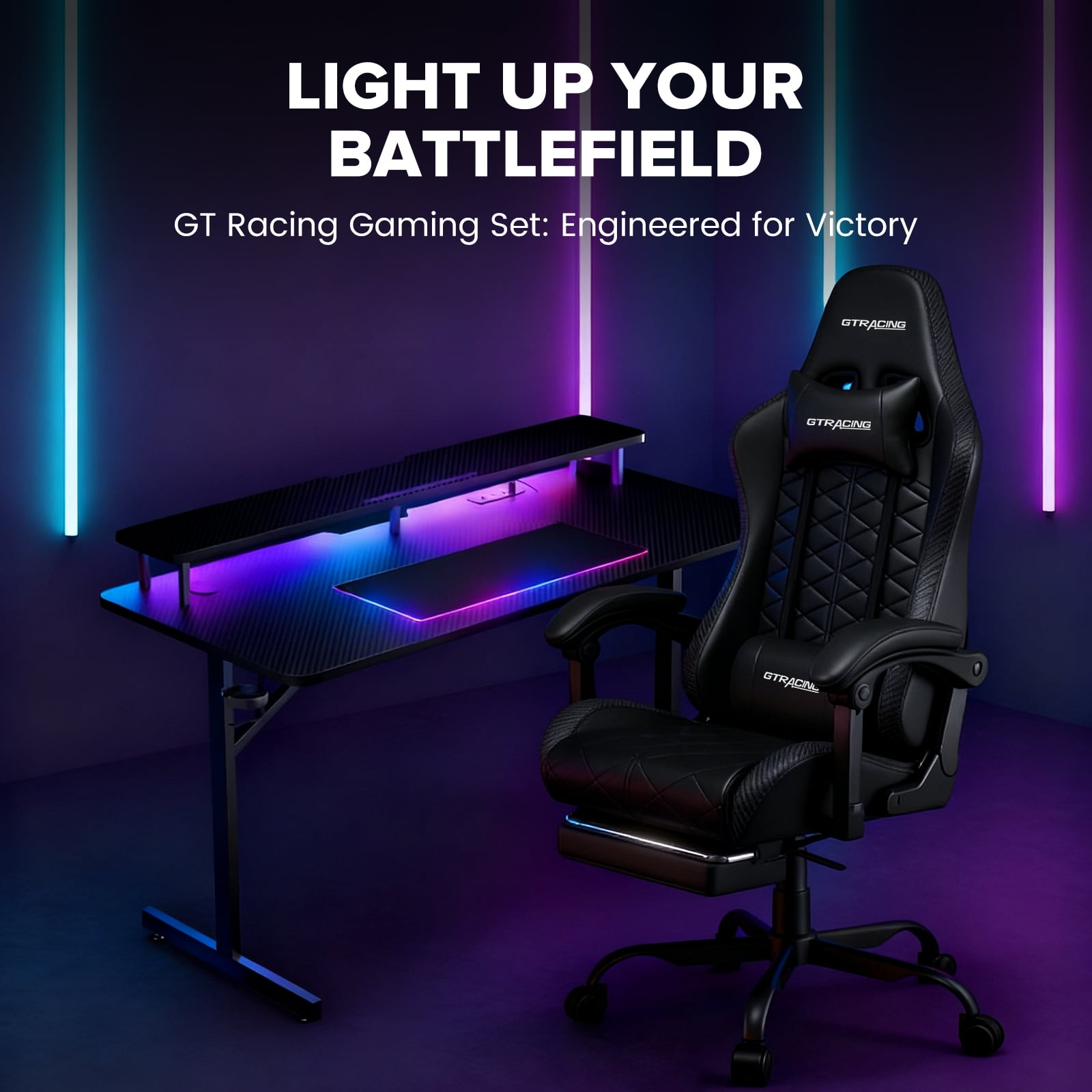 GTRACING LED Gaming Desk and Bluetooth Gaming Chair Set, Black