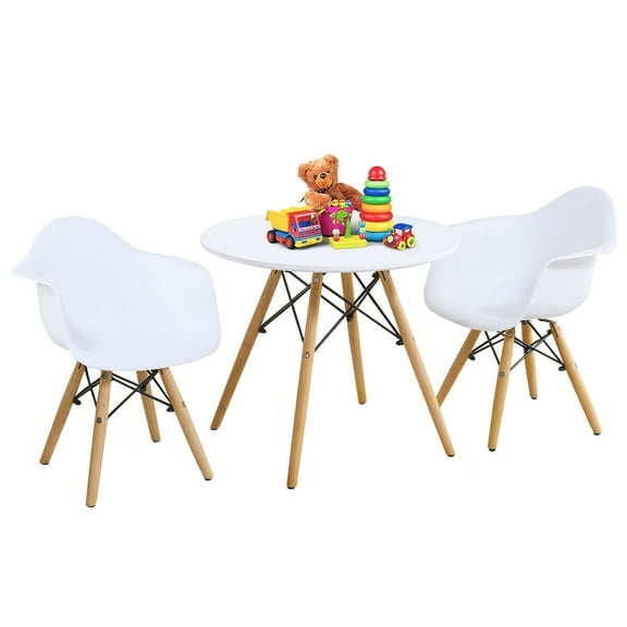 Gymax 3 Piece Kids Round Table Chair Set with 2 Arm Chairs White