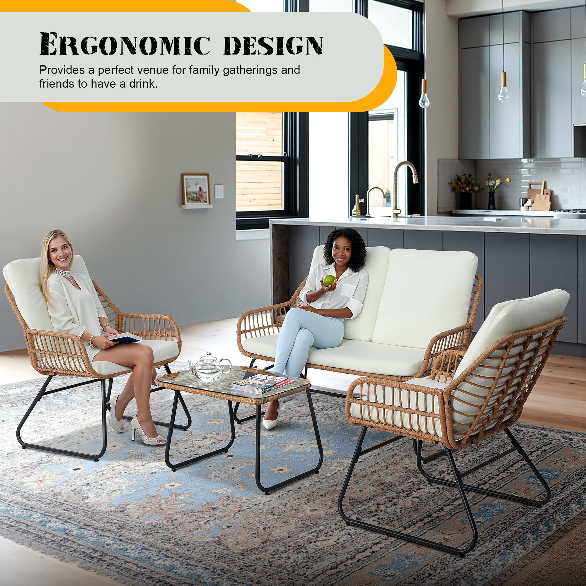 AstrPthylx 4-Piece Rattan Patio Set - All-Weather Outdoor Conversation Furniture with Tempered Glass Table & Quick-Dry Cushions for Garden, Porch, Balcony