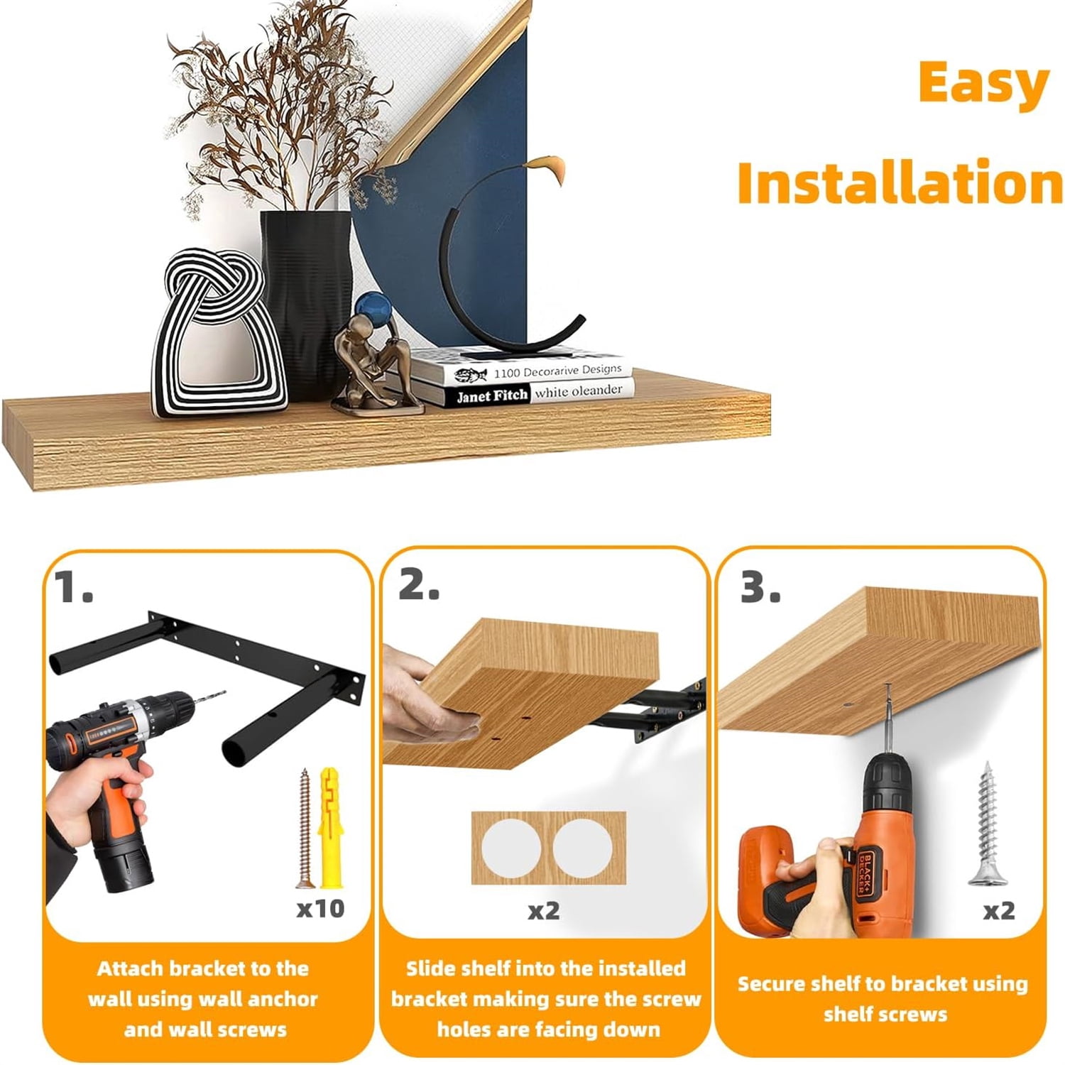 Oak Floating Shelves for Wall，24in Wall Mounted Display Ledge Shelves Perfect for Bedroom, Bathroom, Living Room and Kitchen Decoration Storage (Oak, Set of 2)