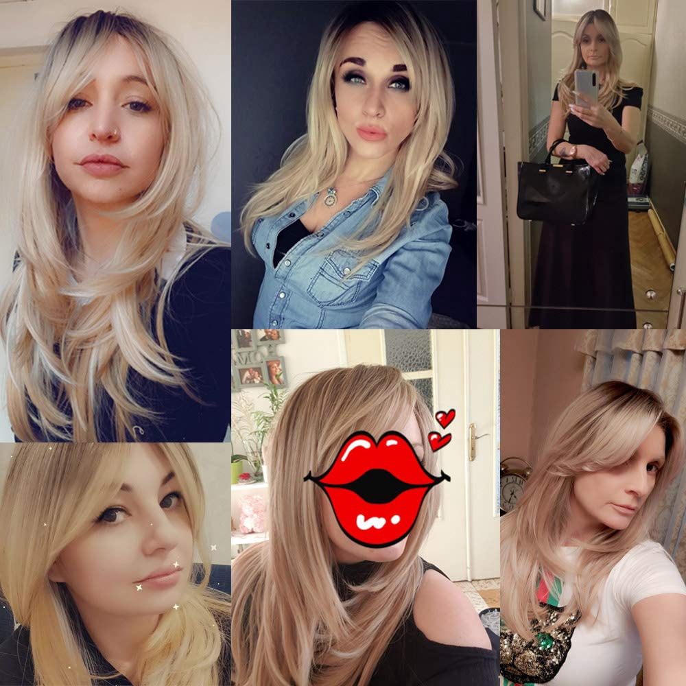Blonde Wigs Long Curly Wigs Shoulder Length Heat Resistant Synthetic Wigs for Women with Bangs