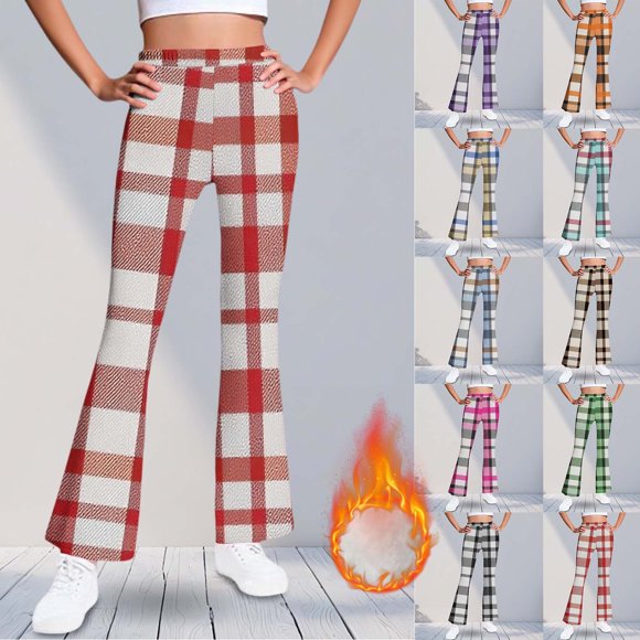 Frostluinai Yoga Flare Pants for Girl Fleece Lined Plaid Bell Bottoms High Waist Warm Gym Bootcut Pants Warm Winter Leggings 5-16Y