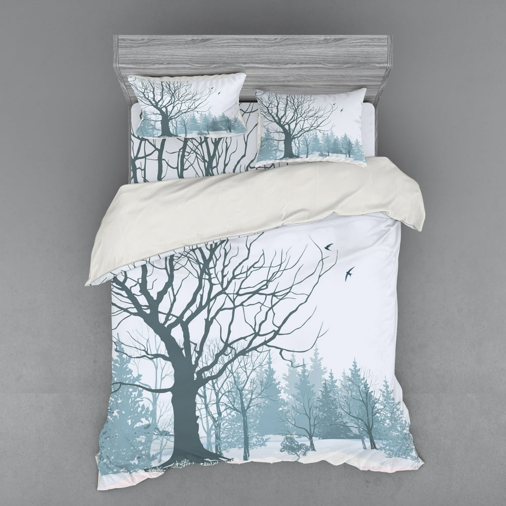 Winter Duvet Cover Set, Winter Season Theme a Tree Without Leaves in