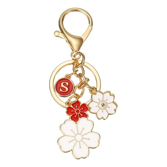 Uxcell Initial Keychain, Flower Charm Letter-S Key Chain Cute Cherry Blossom Letter Keyring for Women Car Keys Handbags Purse Backpack Accessory Gift, Red