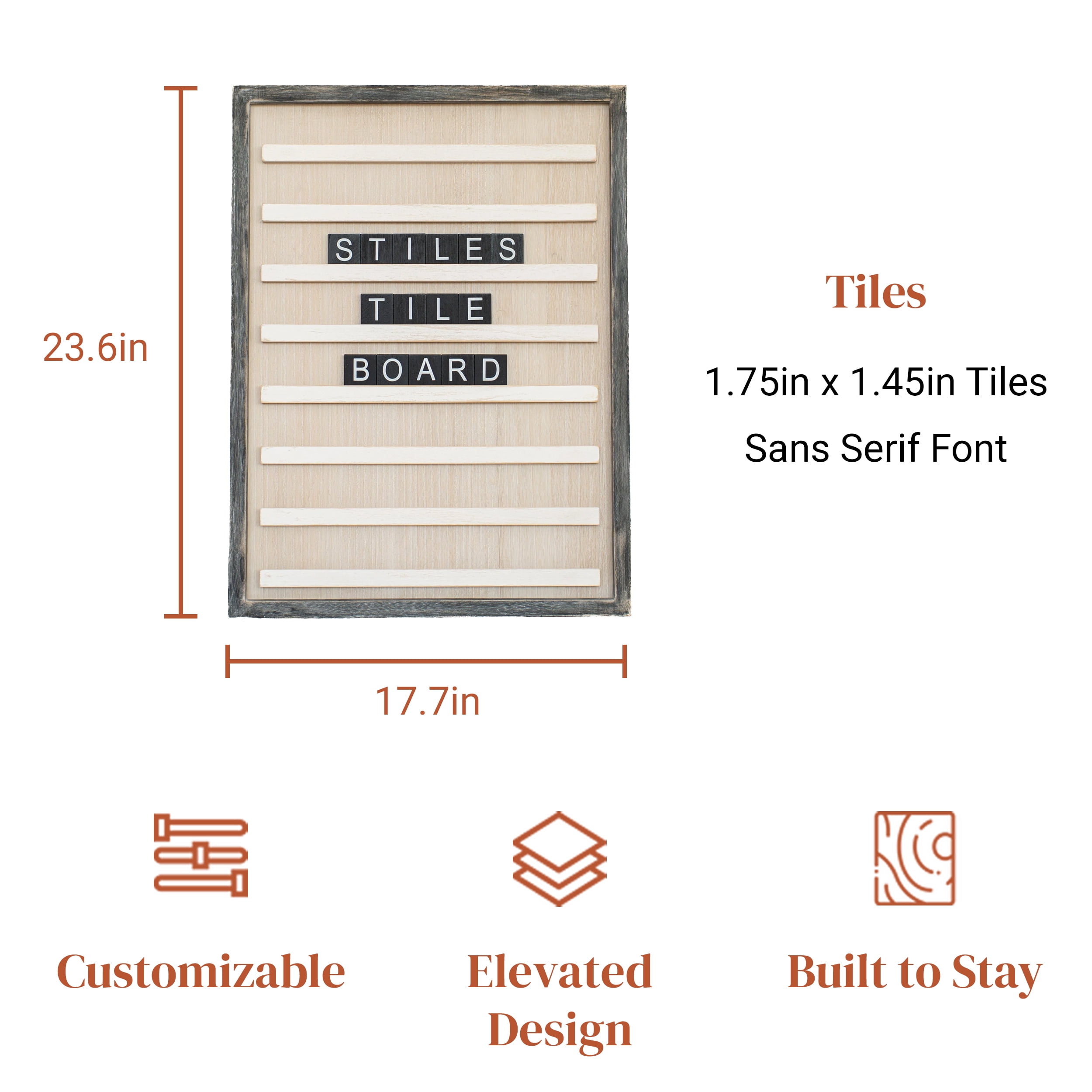 Stiles Tile Letter Board Set, Wooden Message Board with 122 Letters and Numbers for Celebrations, Baby Announcements, or Milestones, 23.6 by 17.7 Inches, Rustic