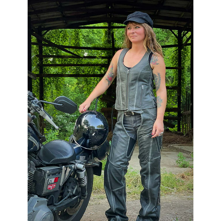 Milwaukee Leather Chaps for Women Distress Grey Premium Skin- Accent Lace  Grommet Details Motorcycle Chap- MLL6536 3X-Small