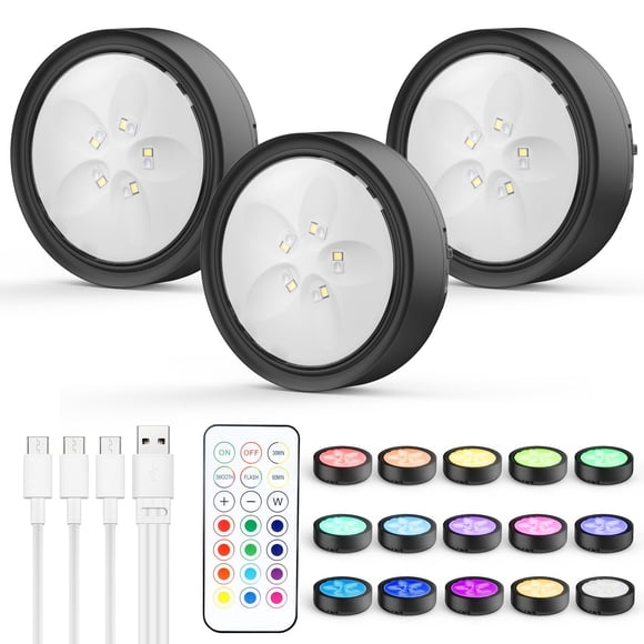 KUAEAY Luz LED Recargable Inalámbrico 3 Pack, 13 Color RGB Luces Debajo de Armario, 1600mAh Lampara de Pared LED con Remote Control,Luces LED Portatiles para Cuarto,Closet (Negro-3P)
