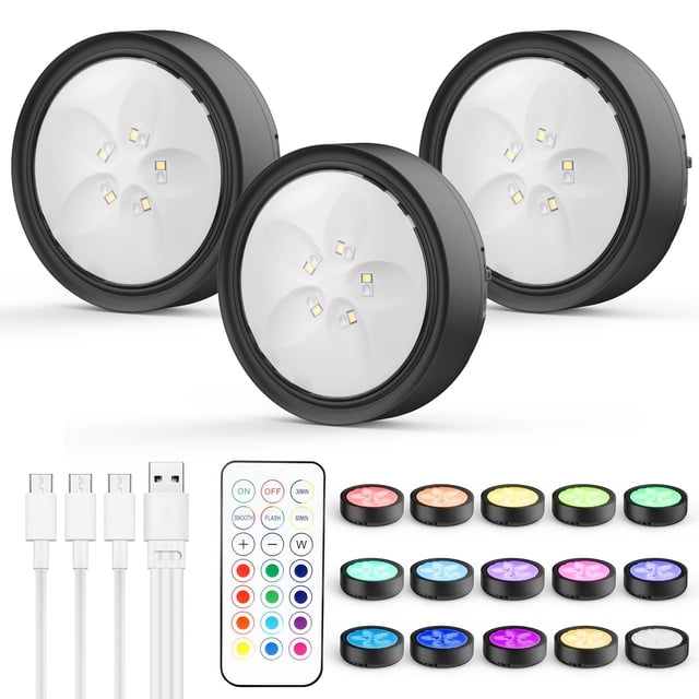 KUAEAY Luz LED Recargable Inalámbrico 3 Pack, 13 Color RGB Luces Debajo de Armario, 1600mAh Lampara de Pared LED con Remote Control,Luces LED Portatiles para Cuarto,Closet (Negro-3P)