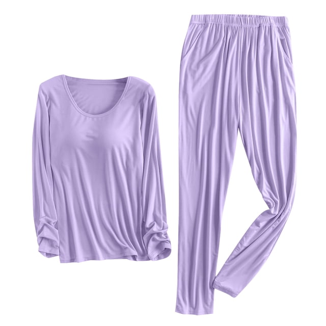 Women Solid Color Round Neck Long Sleeve Top With Chest Pad Trousers Home Wear Set