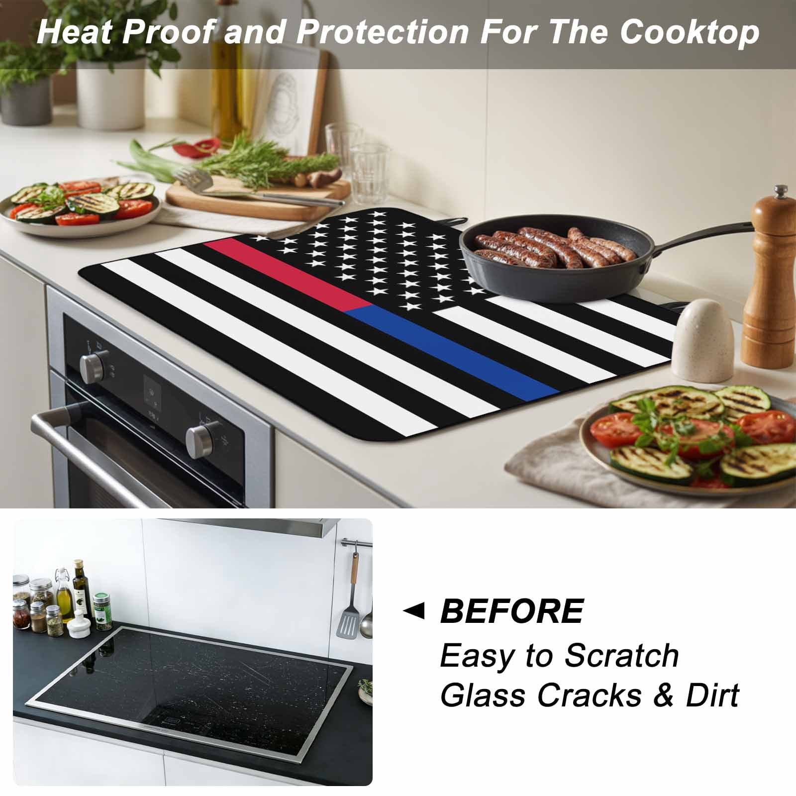 Thin Red Blue White Line Stove Top Cover for Electric Stove, Heat-proof & Non Slip Glass Top Stove Cover Protector, American Flag Star Kitchen Flat Cooktop Rubber Mat 24x21 Inches