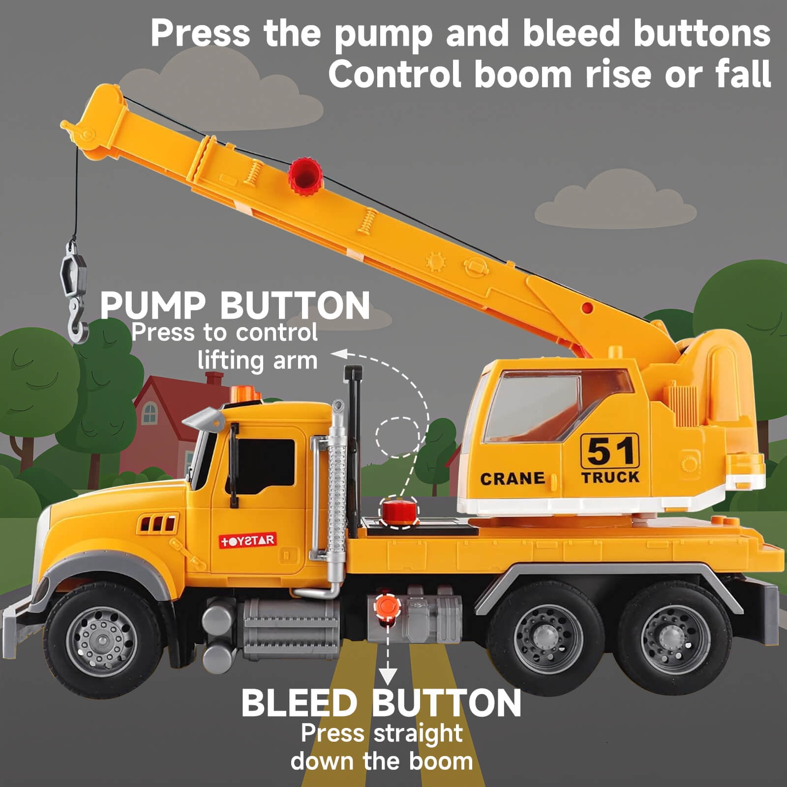 15" Construction Crane Truck Toy With Lights & Sounds - Realistic Friction-powered Engineering Vehicle With Movable Arm & Working Headlights | STEM Educational Gift for Kids