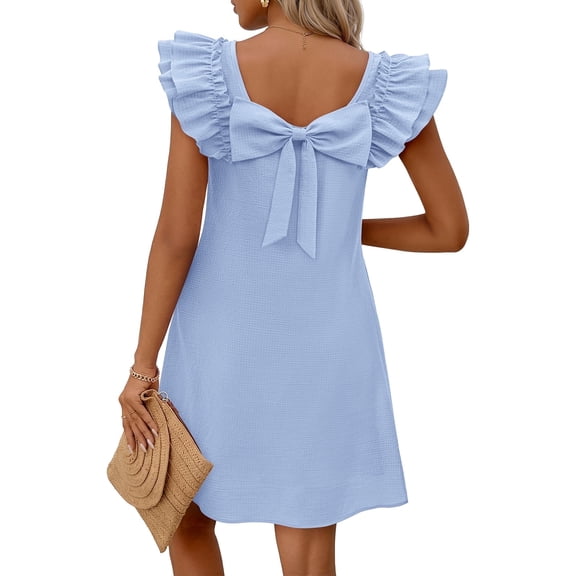 Merokeety Womens Summer Dresses Square Neck Bow Back Mini Dress With Pockets Lightblue m