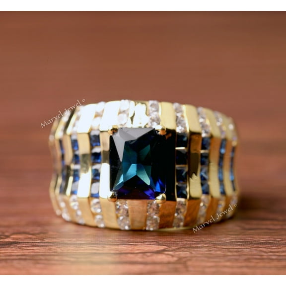 Men's Wide Shank Dome Diamond Ring, Radiant Cut Blue Sapphire Diamond Ring, Channel Set Solitaire With Accents Diamond Ring, 14K Yellow Gold Plated, 2.2 Ct Simulated Sapphire
