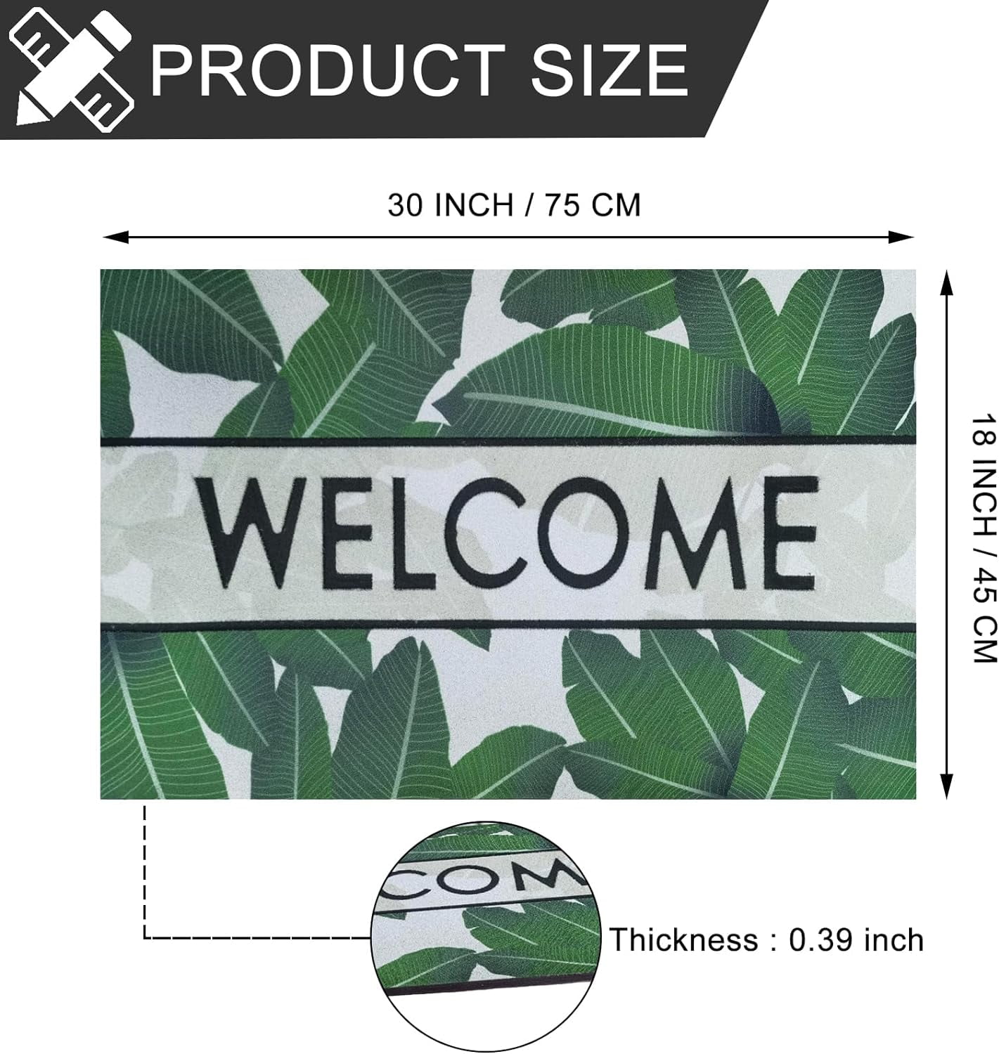 Door Mat, Welcome Mat 18x 30 Inch Front Door Mat Outdoors for Home Entrance Outdoors Mat for Outside Entry Way Doormat Entry Rugs, Heavy Duty Non Slip Rubber Back Low Profile, Green Leaves