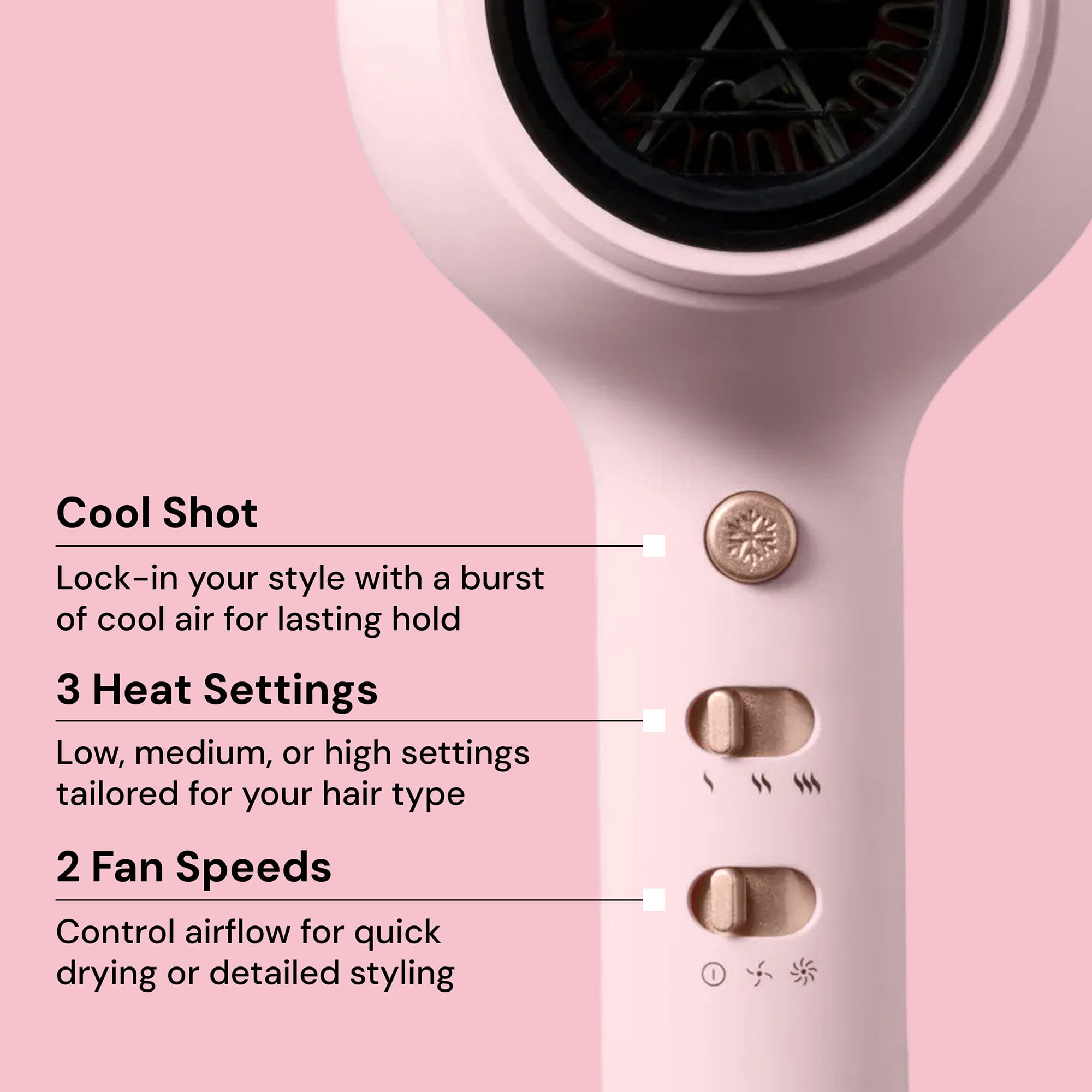 L'ange Hair HotStuff Compact Ionic Hair Dryer | Fast-Drying Hair Dryer with Cool Shot Button & Nozzle Attachment (Blush)