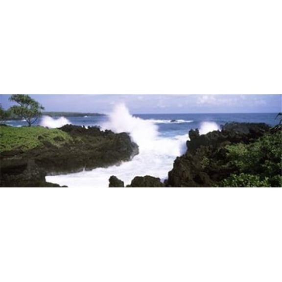 Panoramic Images PPI134437L Waves breaking at the coast  Hana Coast  Black Sand Beach  Hana Highway  Waianapanapa State Park  Maui  Hawaii  USA Poster Print by Panoramic Images - 36 x 12