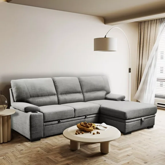 Luxurious Sectional Sofa Bed with Storage and Cupholder, Living Room Sleeper Sofa