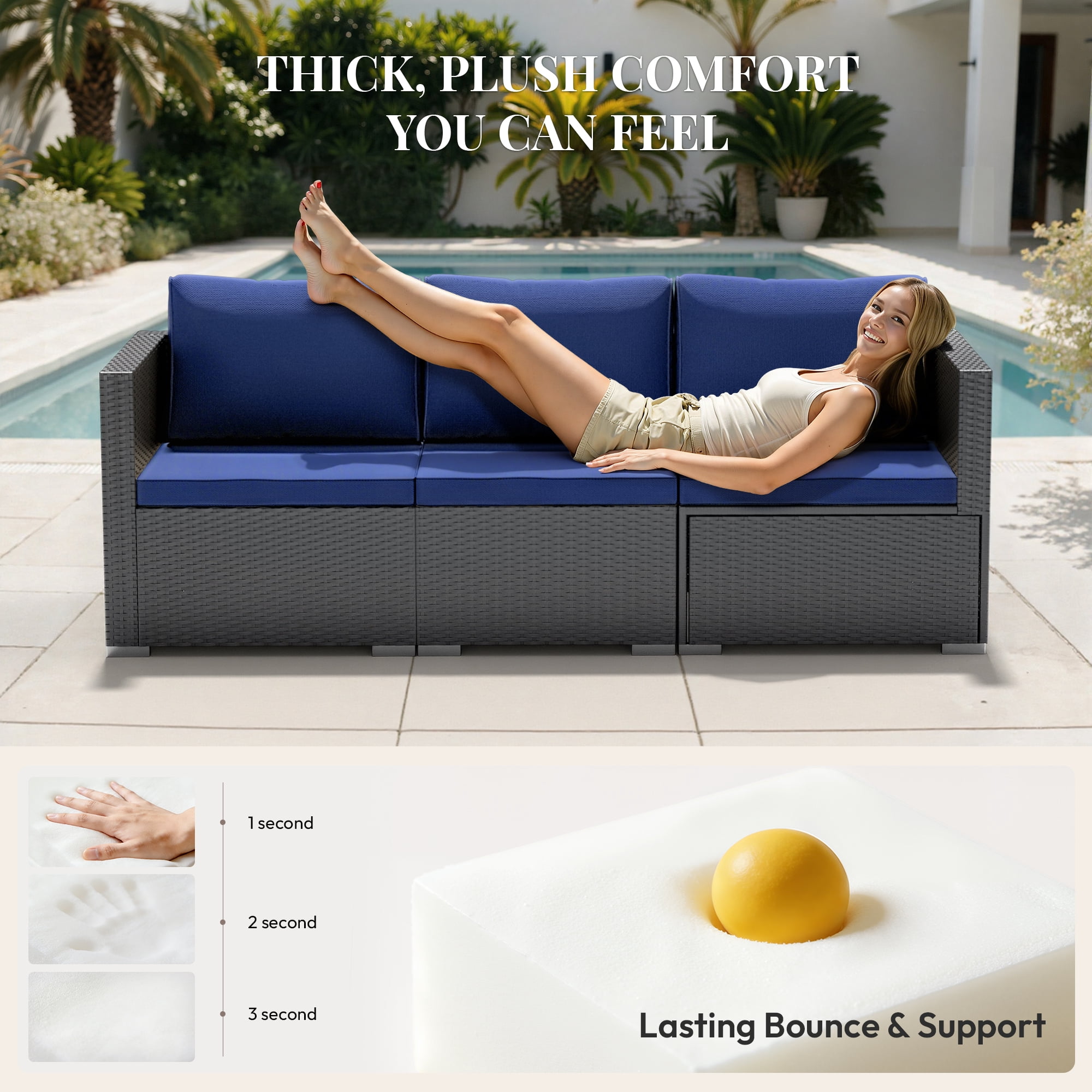Patio Furniture Set 5 Piece - Wide Armrests - All-Weather Wicker Rattan Outdoor Patio Conversation Couch Sets, Modular Sectional Sofa for Garden, Patio, Poolside, Backyard, Balcony, Porch,Navy Blue