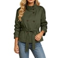 thumbnail image 5 of AKOEE Cropped Trench Coat for Women with Belt Double Breasted Short Jacket High Collar Long Sleeve Outerwear (L, Army Green), 5 of 8