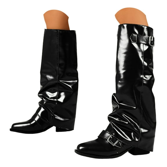 Mepaouo Women's Slouchy Knee High Boots Fold Over Square Toe Western Riding Boot Winter Pull on Tall Boots