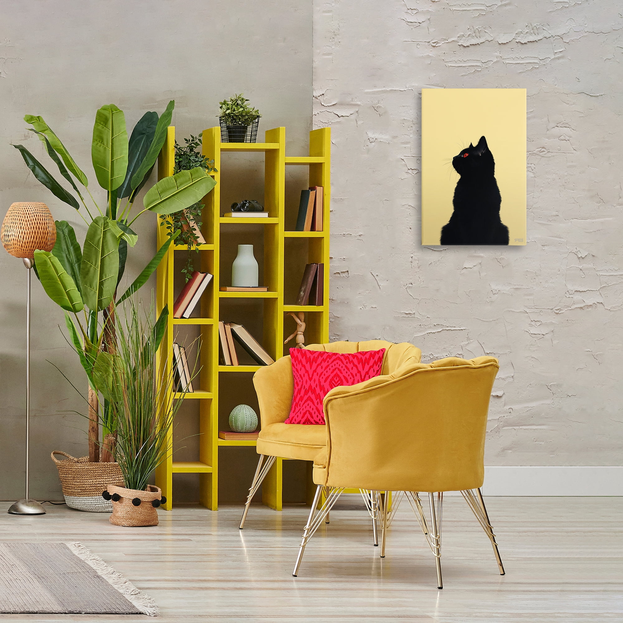 Stupell Industries Black Cat on Yellow Animals & Insects Painting Gallery Wrapped Canvas Art Print Wall Art, 16 x 24