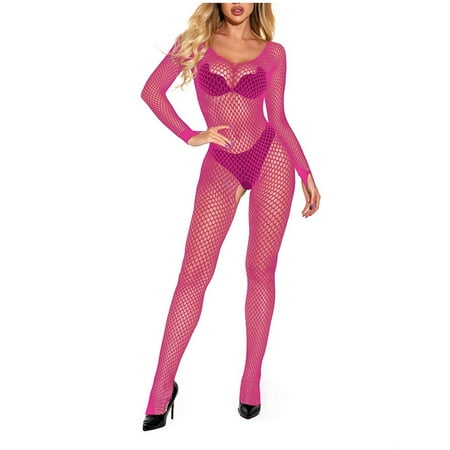 UKLSQMA Women s Sexy Lingerie Fishnet Stockings and Suspenders Crotchless Bodysuit Ideal for Romantic Evenings Hot Pink Free Size