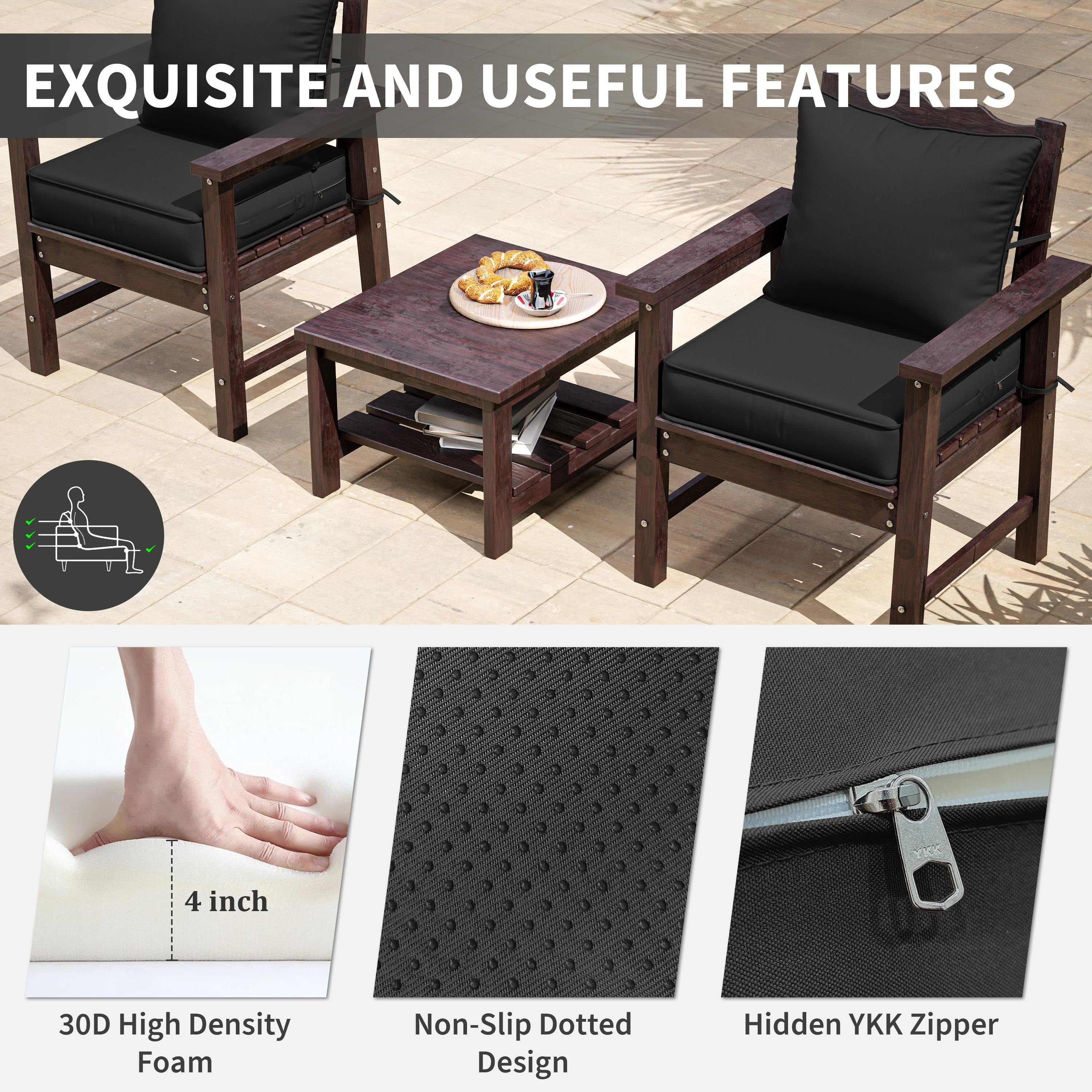 Kimunuk Outdoor Seat Cushion Set, 24" X 24" X 4" Water-Resistant & Fade-Resistant Patio Furniture Replacement Cushions with Handle and Straps for Sofa Chair, Black
