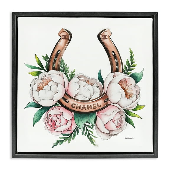 Stupell Industries Glam Peonies & Horseshoe Plants & Flowers Painting Black Floater Framed Canvas Art Print Wall Art, 18 x 18