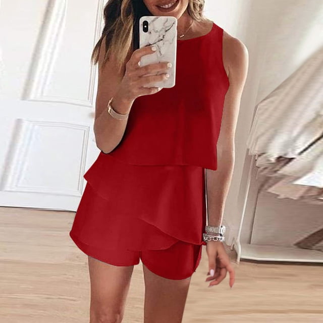 SHIXIAOO Combinaisons Courtes d'Été Décontractées pour Femmes, Mode, Col Rond, Sans Manches, à Volants, Combishorts, Combinaisons pour Femmes, Combishort pour Femmes