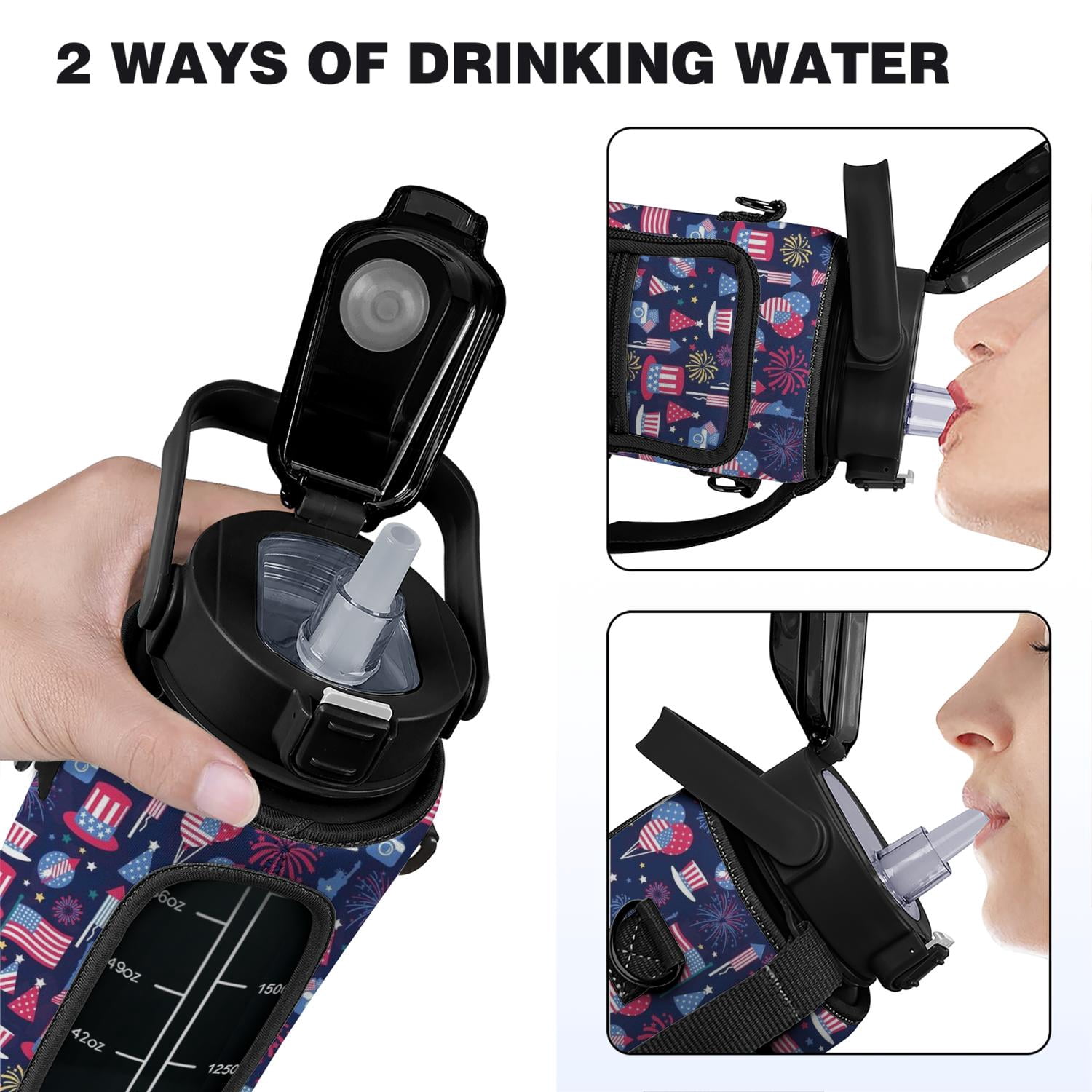 Independence Day 64 Oz Water Bottle with Sleeve - BPA Free Leakproof Sport Large Plastic Water Bottle with Straw & Time Marker & Insulated Neoprene Holder Carrier Bag Great Gift for Women Men