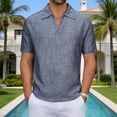 thumbnail image 2 of Men's Cotton Linen Polo Shirts Short Sleeve Striped V Neck Shirt Collared Beach Shirts Dark Blue, 2 of 8