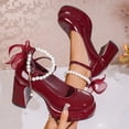 thumbnail image 3 of SCHUHLAND Elegant Wine Red Mary Jane Pumps for Women, Chunky 9cm Platform High Heels, Pearl Ankle Strap, Bowtie Detail, 3 of 16