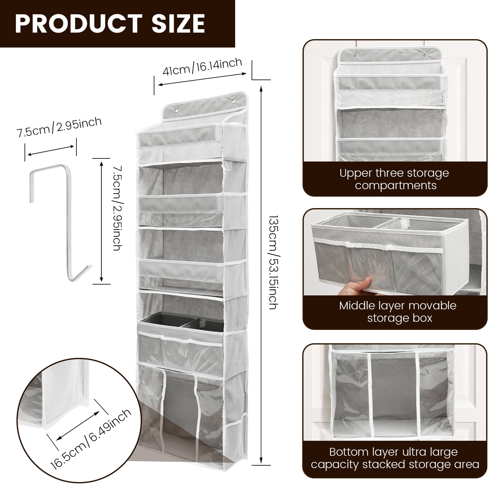 Door Hanging Storage Organizer,with 3 Bins 1 Movable Baby Diaper Caddy,1 Large capacity diaper stacking storage Organizer,10 Side Pockets ,Bedroom Door Storage for Nursery Baby Essentials