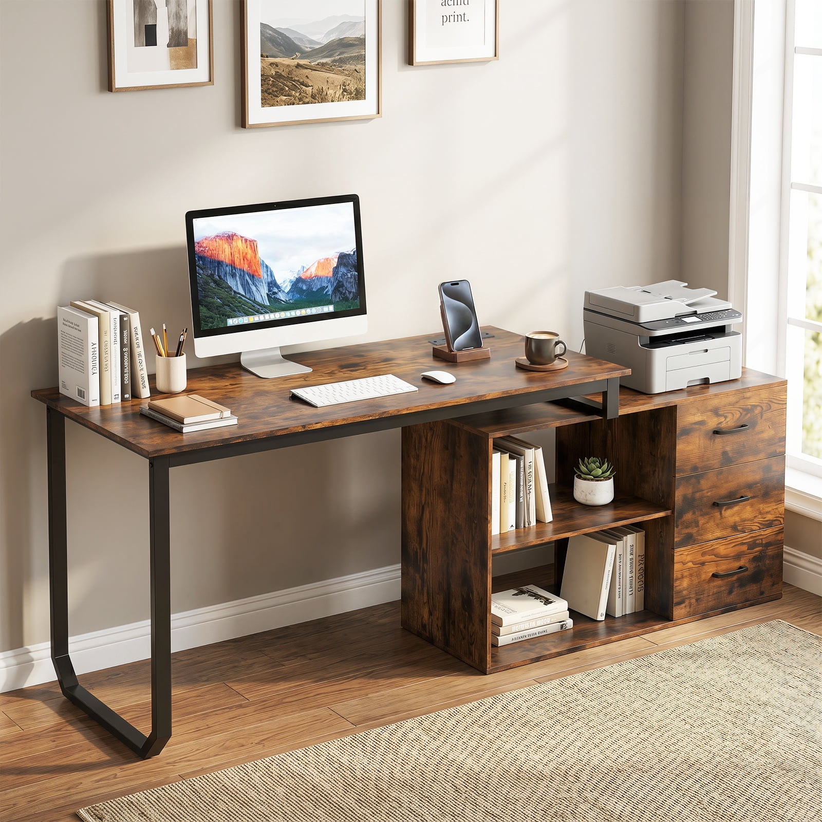 Costway L-Shaped Desk with Power Outlet 55" Reversible Computer Desk with 3 Drawers Rustic Brown & Black