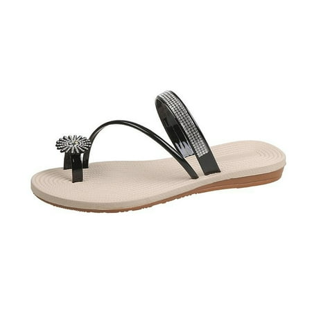 

YanHoo Clearance Women s Rhinestone Slide Flat Sandals - Pearl Crystal Slip On Ring Sandals Cute Strappy Spring Summer Dressy Shoes.