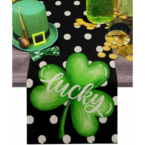 Chemins de Table Trèfle de la Saint-Patrick 36 Pouces de Long, Pièces d'Or Noires Printemps Coton Lin Décoration de Table de Cuisine et Salle à Manger pour Mariage/fête/café/usage Intérieur Extérieur, Trèfles Porte-Bonheur